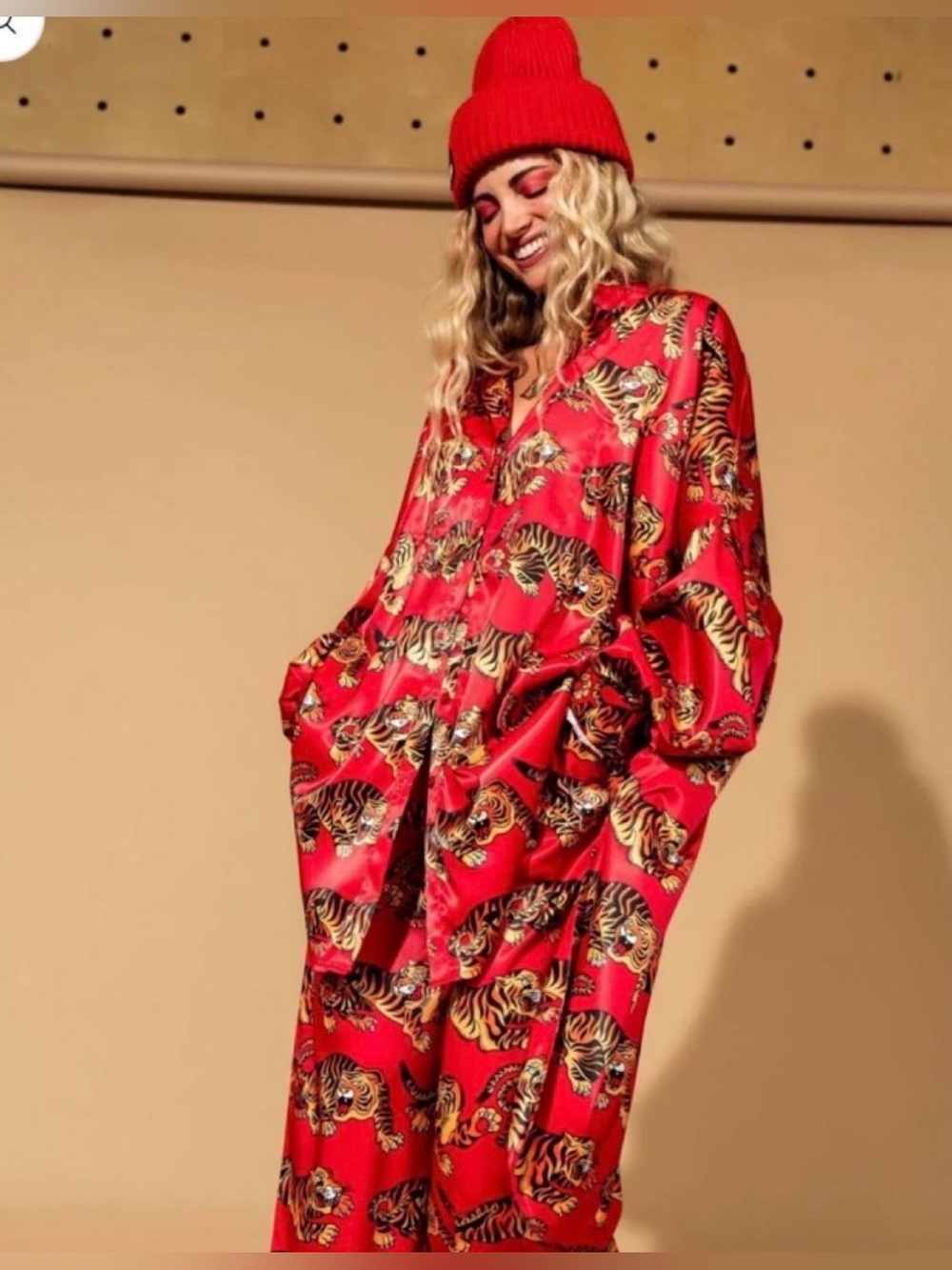 Dressed in Lala Red Tiger Print Satin  Set - Women